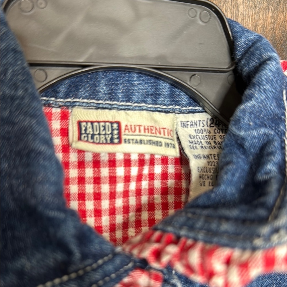 Vintage Faded Glory Blue Jean Jacket with Gingham Trim Size 24 month embroidered - Picture 2 of 5